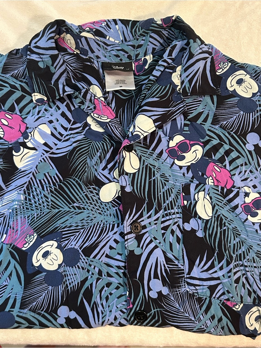 Disney Mickey Mouse Shirt Mens Medium Hawaiian Tropical Palm Rayon Short Sleeve